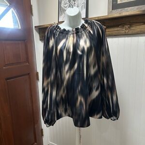 H&M Silky Black and Brown Women's Boxy Balloon Sleeve Back Neck Tie Top Sz M